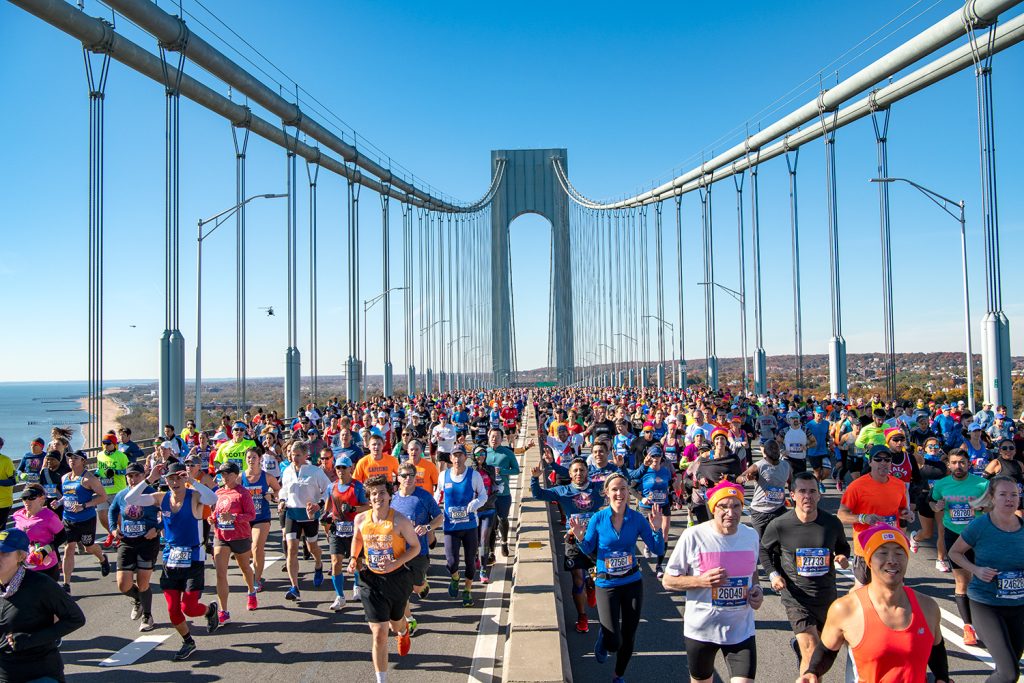 New York City Marathon runners on bridge