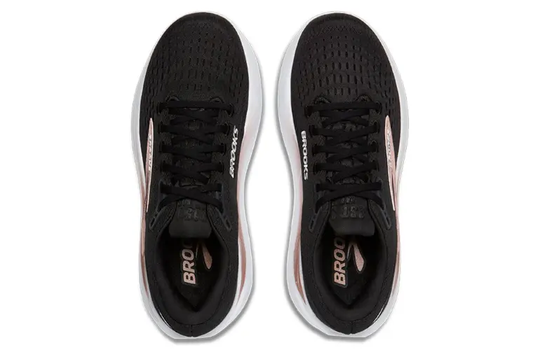Top-down view of the Brooks Ghost Max 3 running shoes in black with rose gold accents and a white midsole.