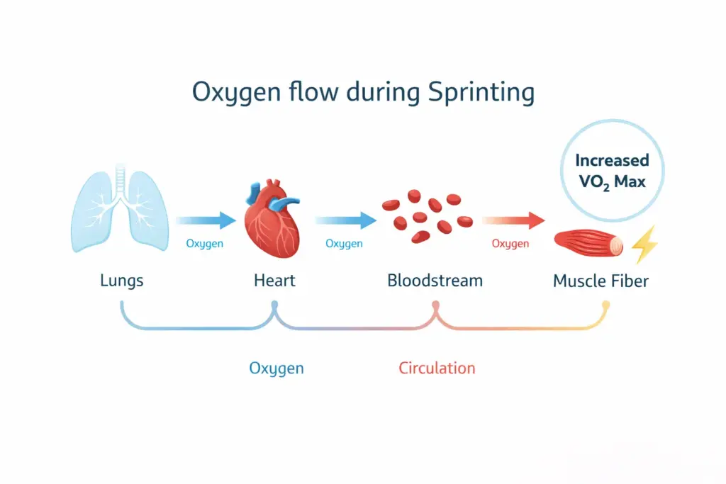 Medical-style infographic showing oxygen flow during sprinting from lungs to heart to bloodstream to muscle fiber, highlighting increased VO2 max with blue oxygen arrows and red circulation arrows.