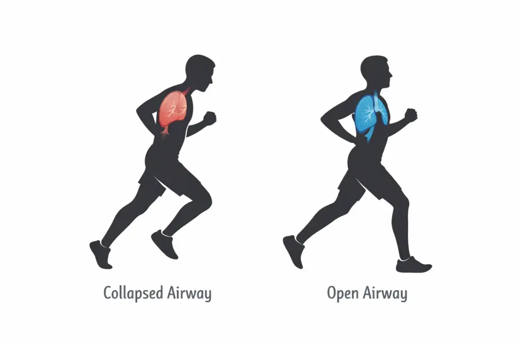 Side-by-side infographic comparing slouched running posture with collapsed airway and upright posture with open airway and improved lung expansion.