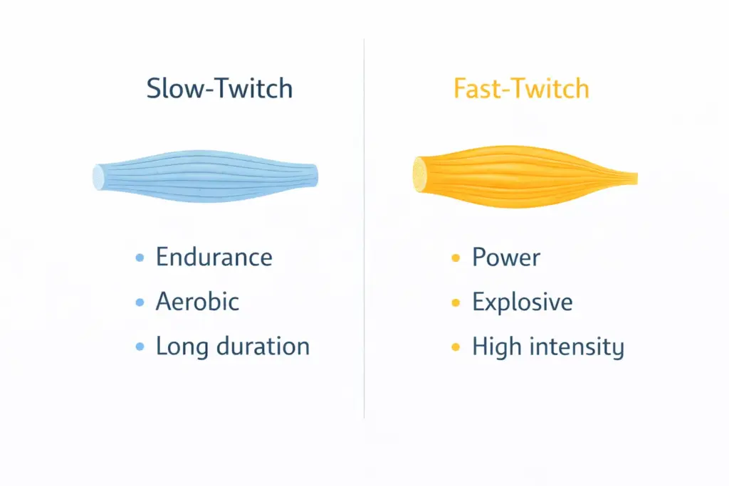 Split infographic comparing slow-twitch and fast-twitch muscle fibers, highlighting endurance and aerobic capacity versus power and high-intensity performance.