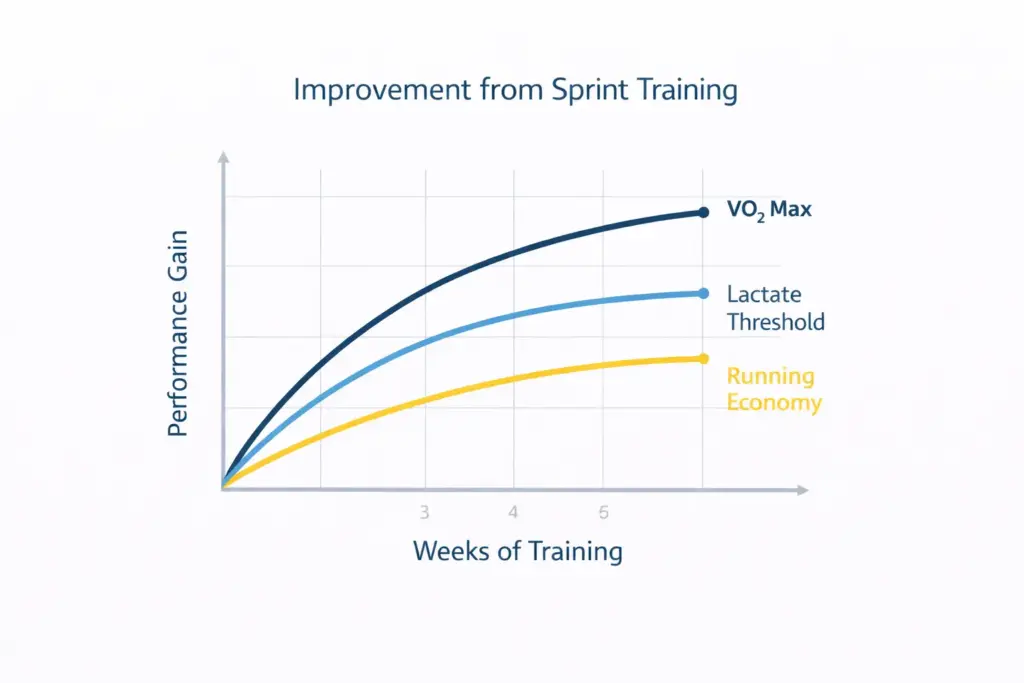 Line chart showing improvements in VO2 max, lactate threshold, and running economy over weeks of sprint training.
