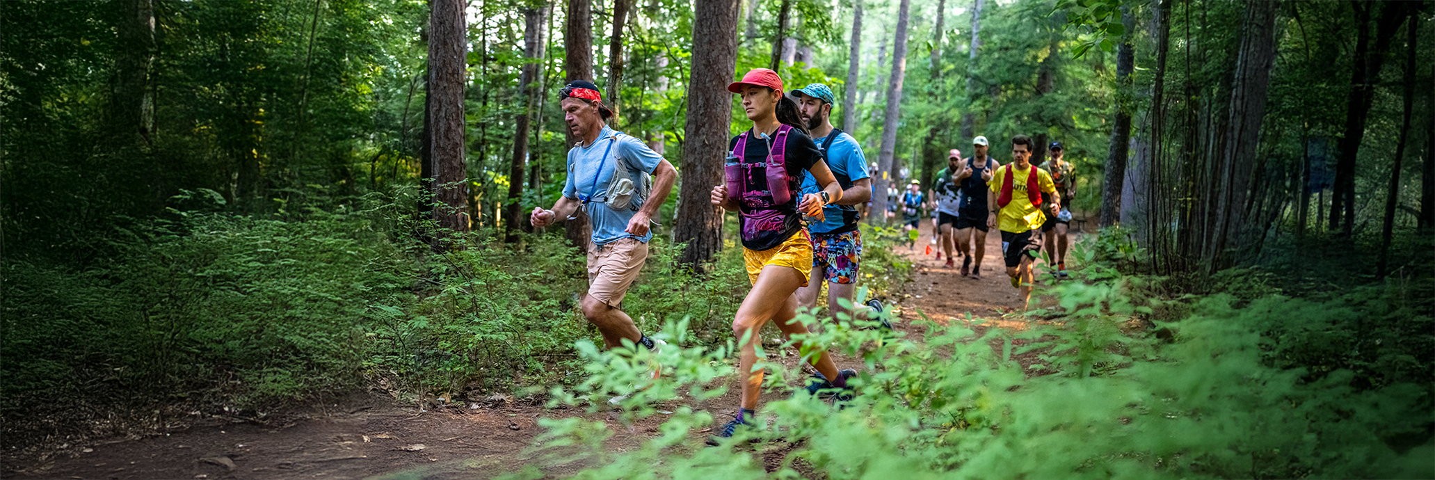 People running on aa trail in the woods